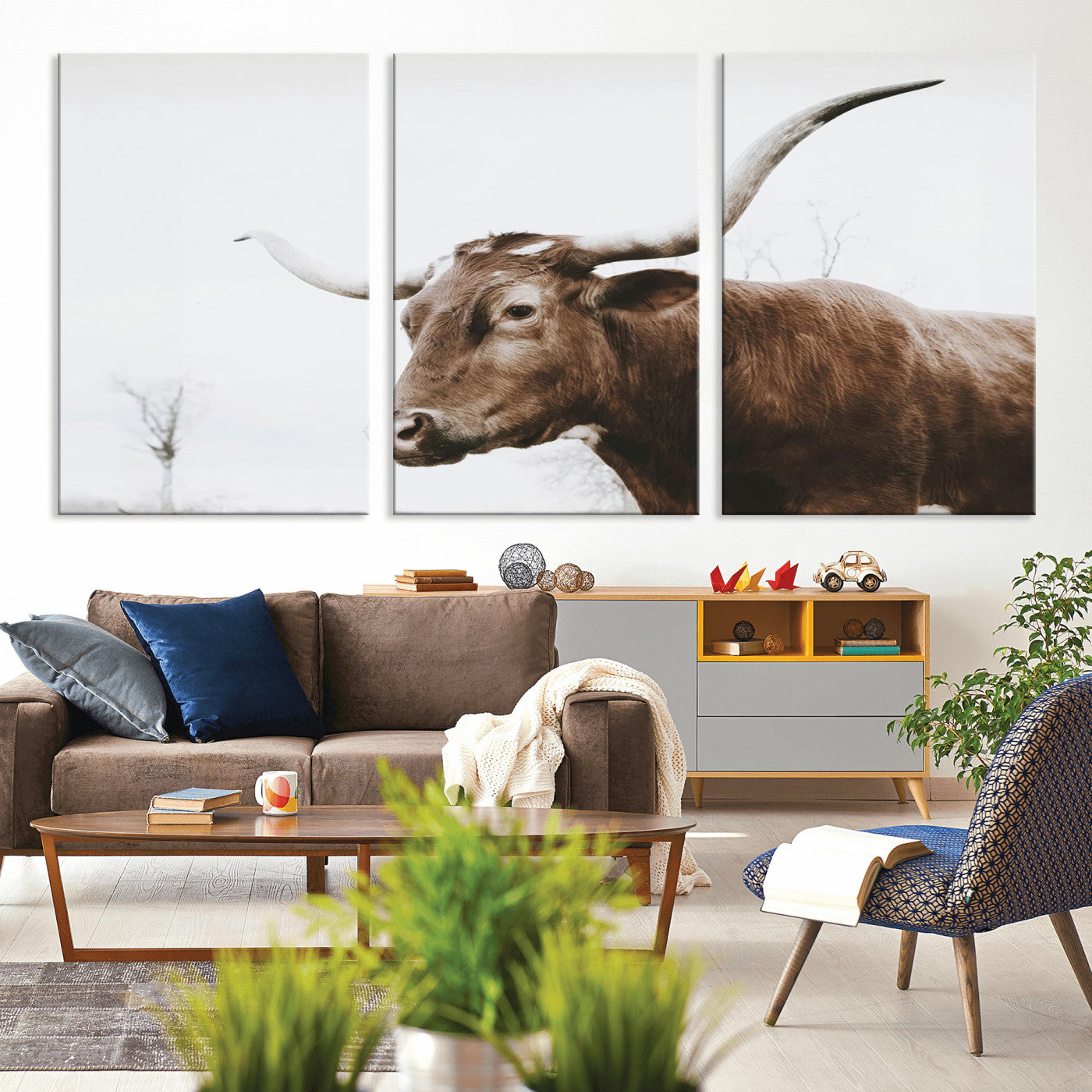 MGV-CV-60X30-3P - Rustic Bull Wall Art Canvas Print – Modern Longhorn Farmhouse Animal Decor – Abstract Farm Cow