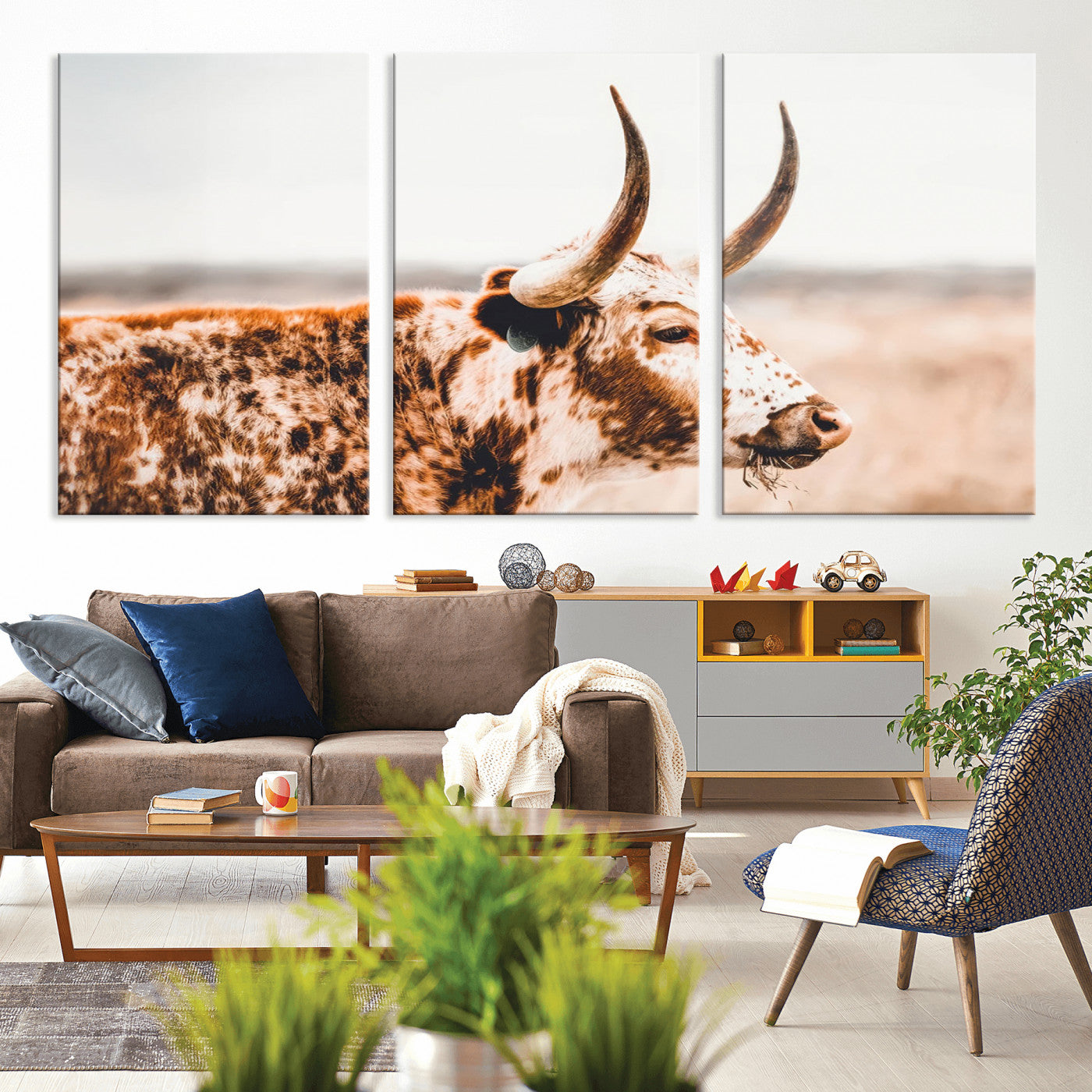-Speckled Bull Wall Art Canvas Print – Rustic Cow Longhorn Farmhouse Animal Decor – Western Longhorn