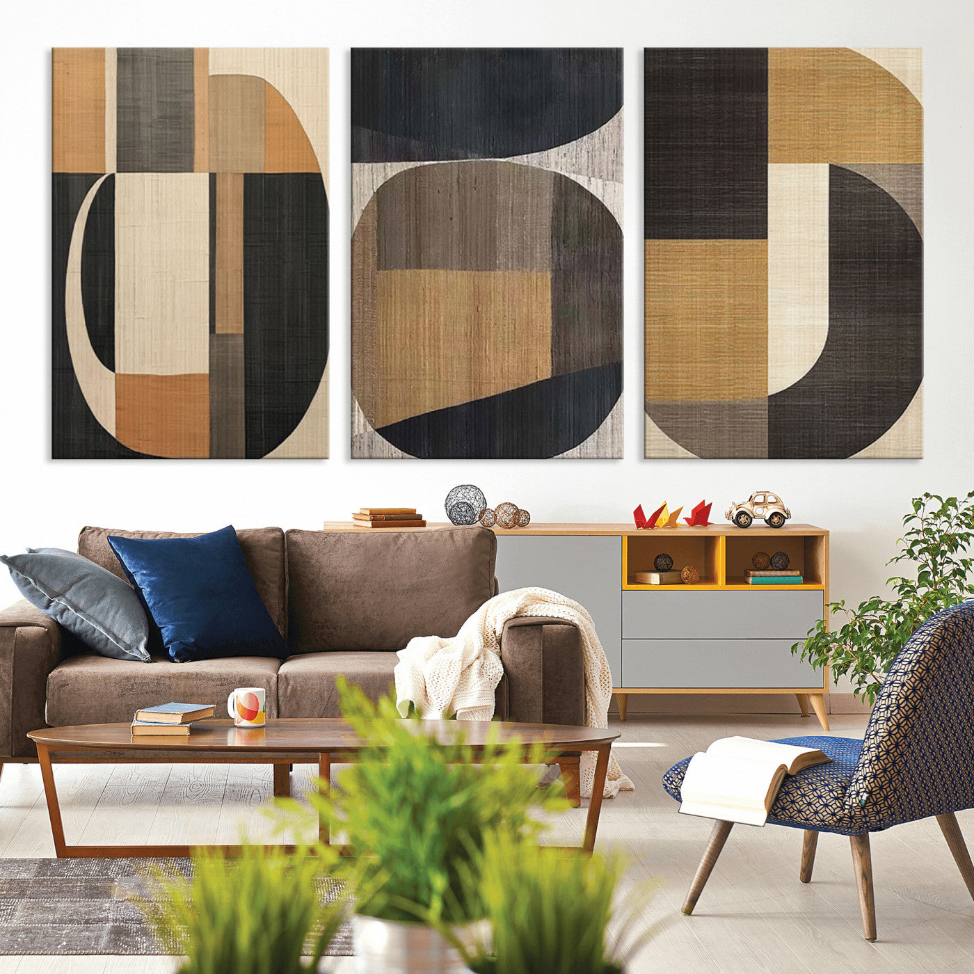 MGV-CV-60X30-3P - Modern Brown Wabi Sabi Abstract Wall Art Canvas Print Set, Minimalist Wall Art