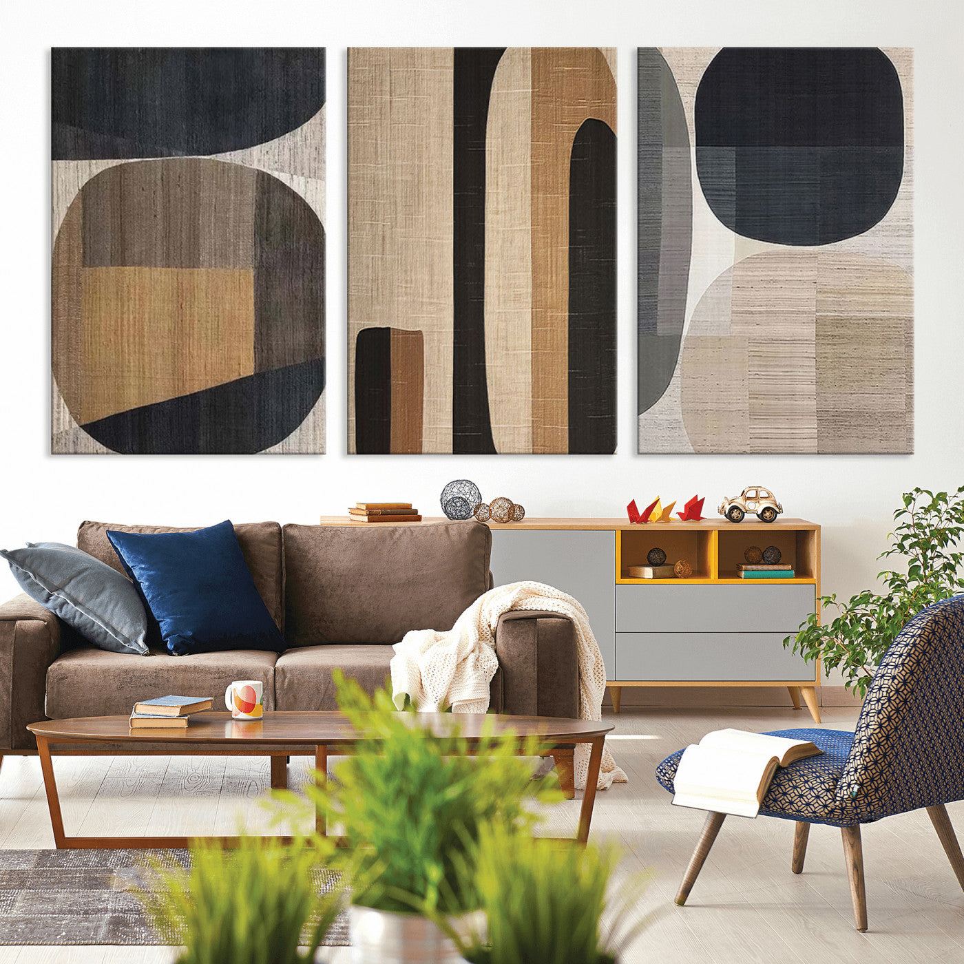 MGV-CV-60X30-3P - Abstract Minimalist Canvas Wall Art - Neutral Geometric Modern Boho Decor, Minimalist Brown Wabi