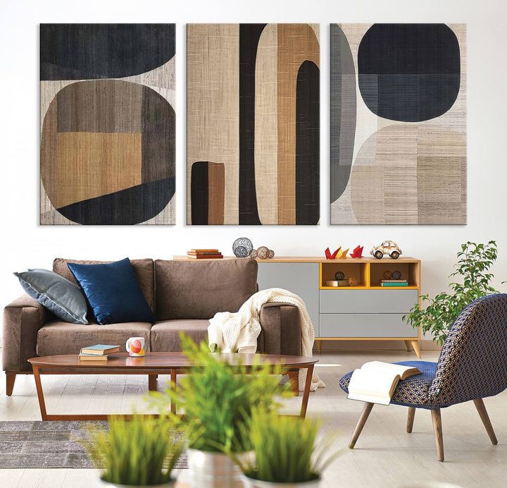 A stylish living room exuding modern elegance features the Abstract Minimalist Canvas Wall Art in a neutral geometric design.