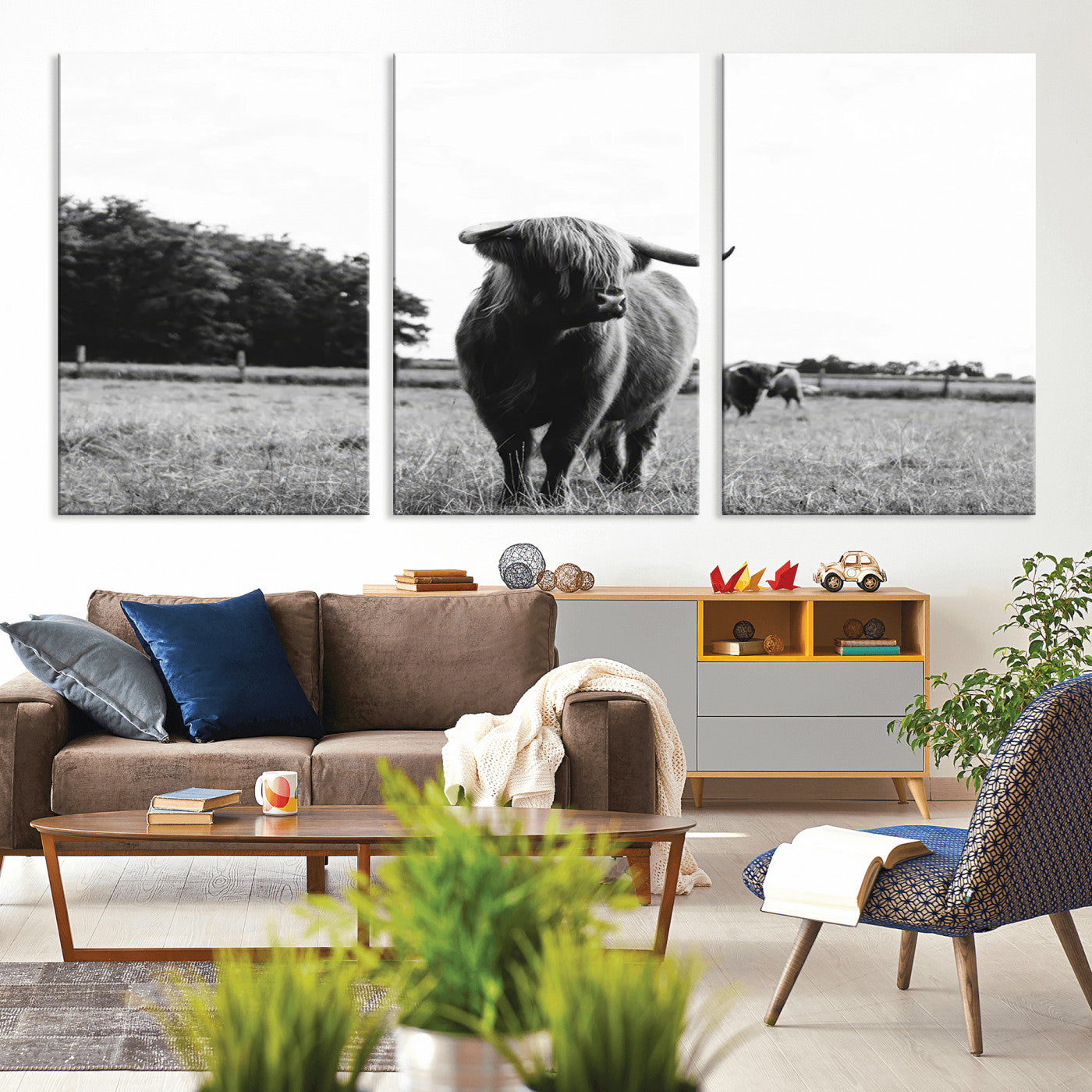 MGV-CV-60X30-3P - Black and White Highland Cow Wall Art Canvas Print | Rustic Western Decor for Living Room or Office,