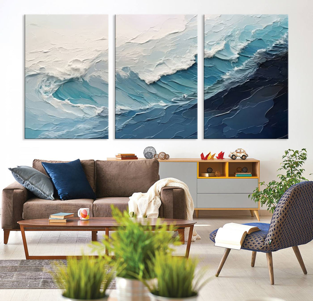 The Blue Abstract Wave Ocean Wall Art Canvas Print hangs prominently.