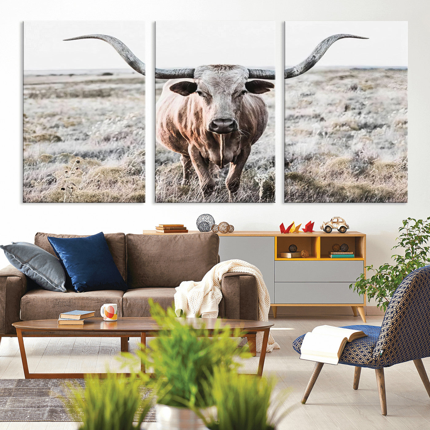 -Rustic Texas Longhorn Wall Art Canvas Print | Western Farmhouse Decor for Living Room or Office,
