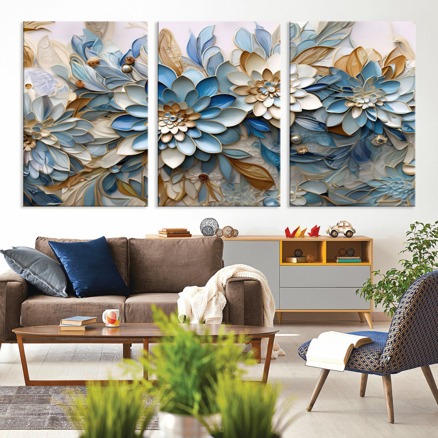 MGV-CV-60X30-3P - Blu Abstract Flower Wall Art Canvas Print