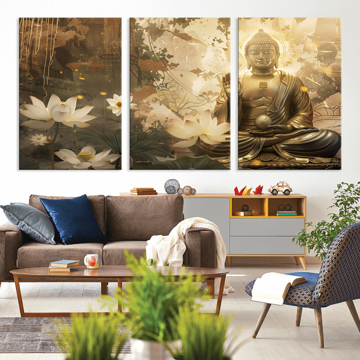 MGV-CV-60X30-3P - Zen Buddha Wall Art Canvas Print | Peaceful Meditation Decor with Lotus Flowers | Spiritual Serenity