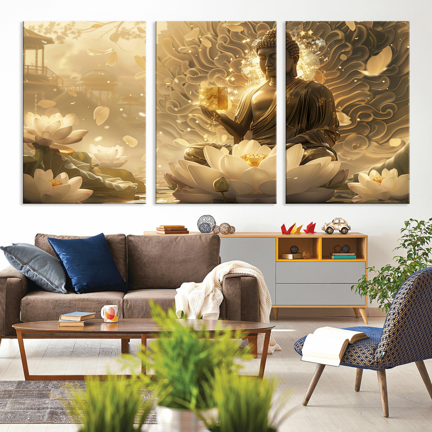 MGV-CV-60X30-3P - Golden Buddha Wall Art | Yoga Room Decor and Meditation Room Wall Art | Framed and Ready to Hang