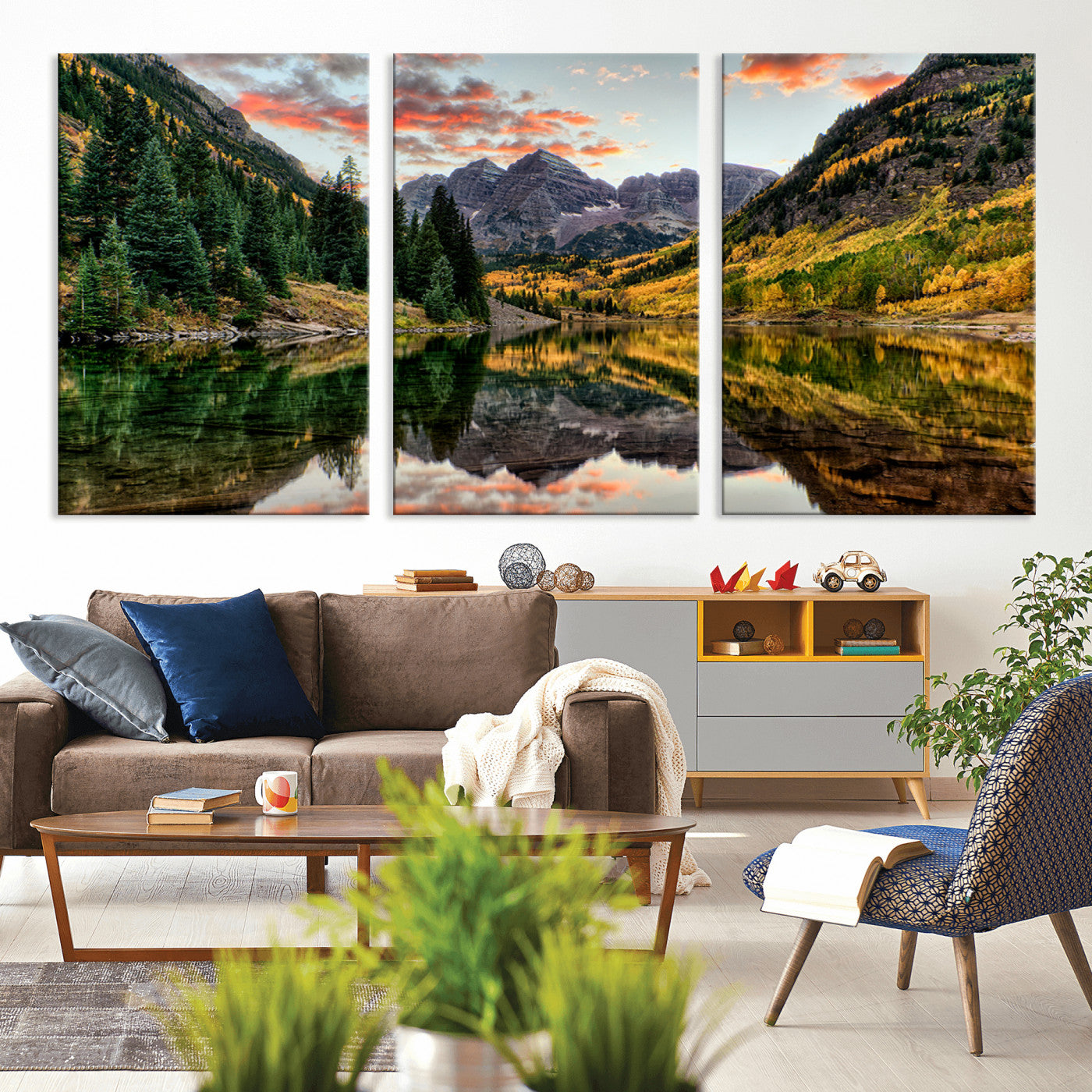 MGV-CV-60X30-3P - Maroon Bells Wall Art - Scenic Canvas Print of Maroon Bells in Autumn for Elegant Home or Office
