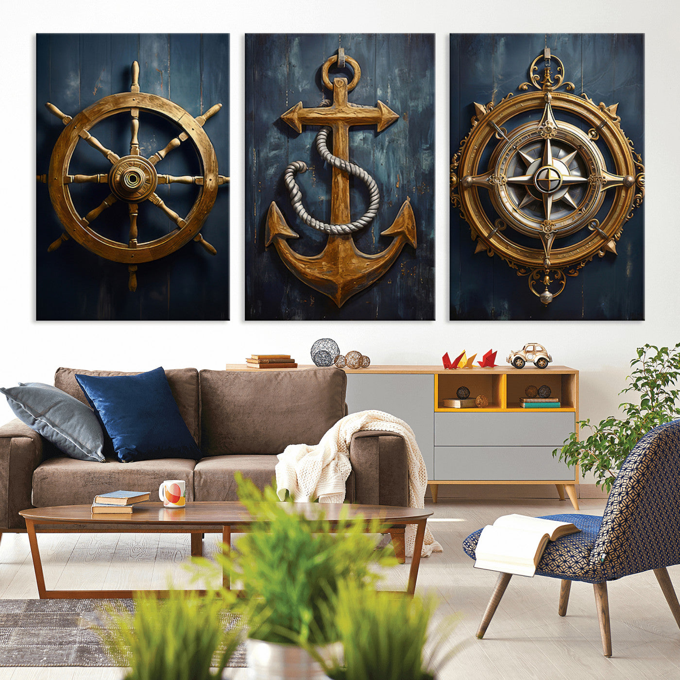 MGV-CV-60X30-3P - Boat Anchor Compass With Rope Wall Art Canvas Print | Beach House Wall Art