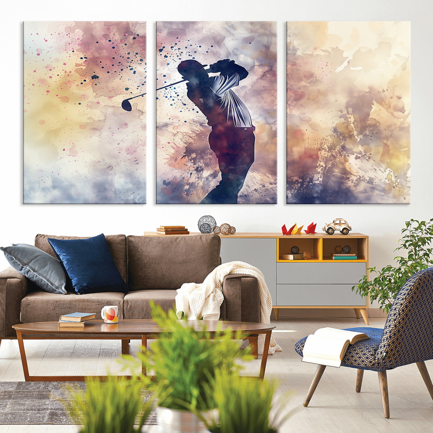 MGV-CV-60X30-3P - Abstract Watercolor Golf Player Wall Art Canvas Print
