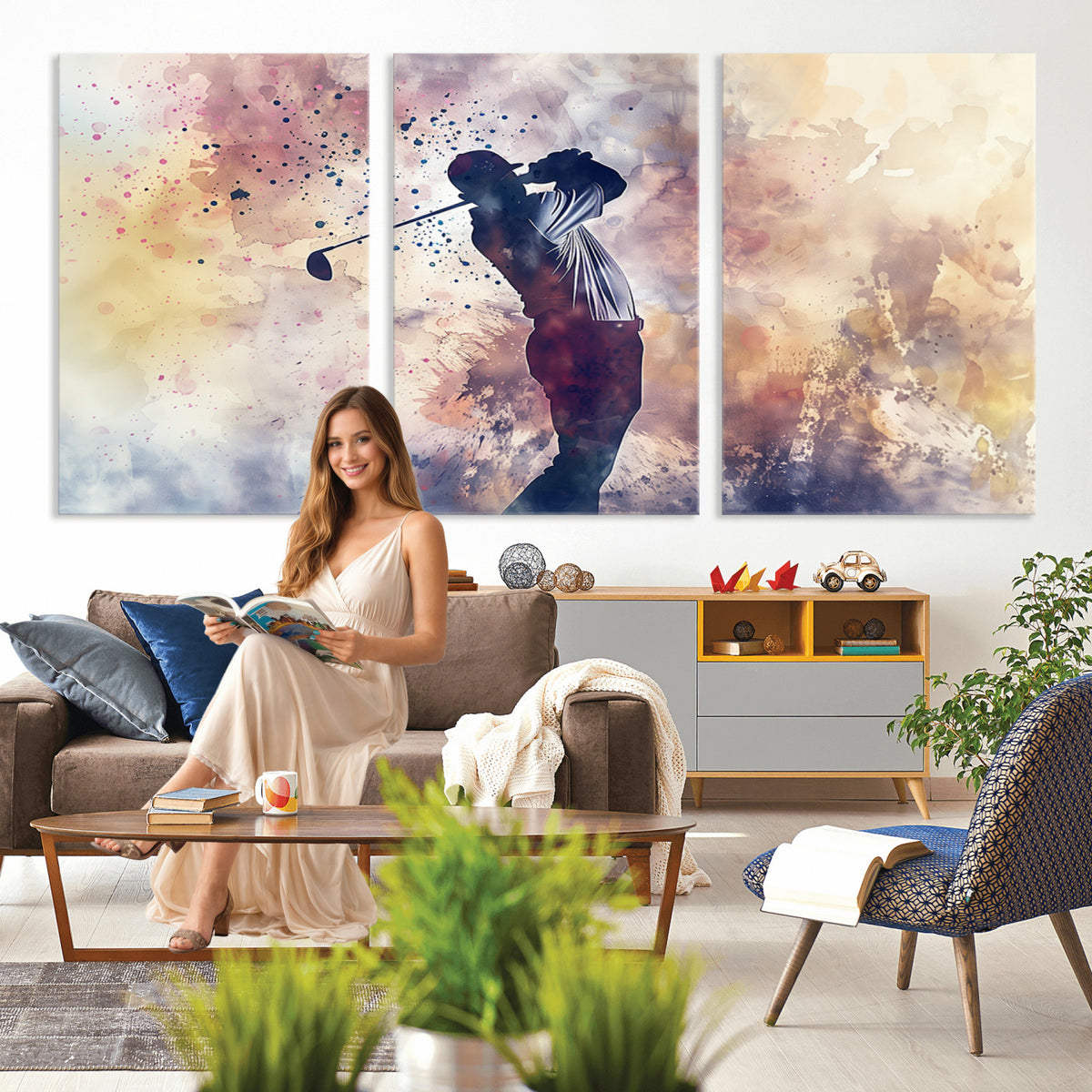 10848-MGV-CV-36X24 - Abstract Watercolor Golf Player Wall Art Canvas Print