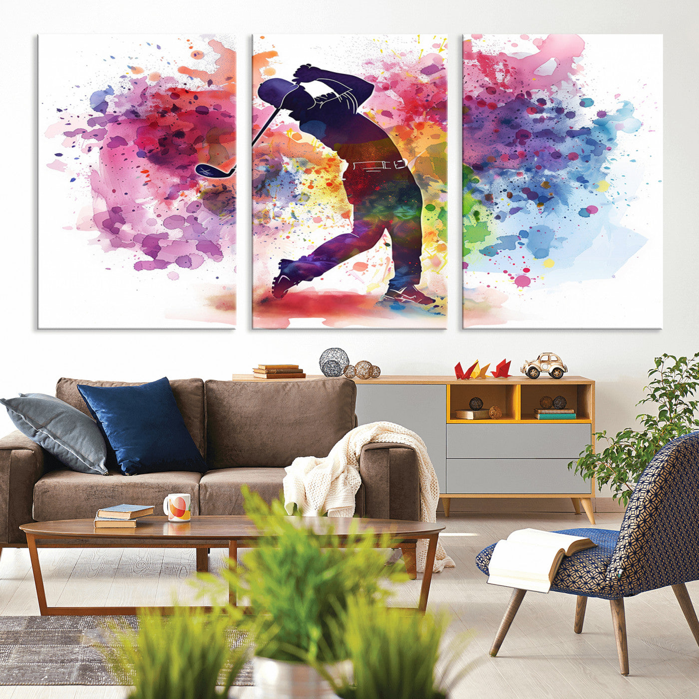 MGV-CV-60X30-3P - Colorful Golfer Swing Wall Art Canvas Print - Ready to Hang, Framed Sports Decor