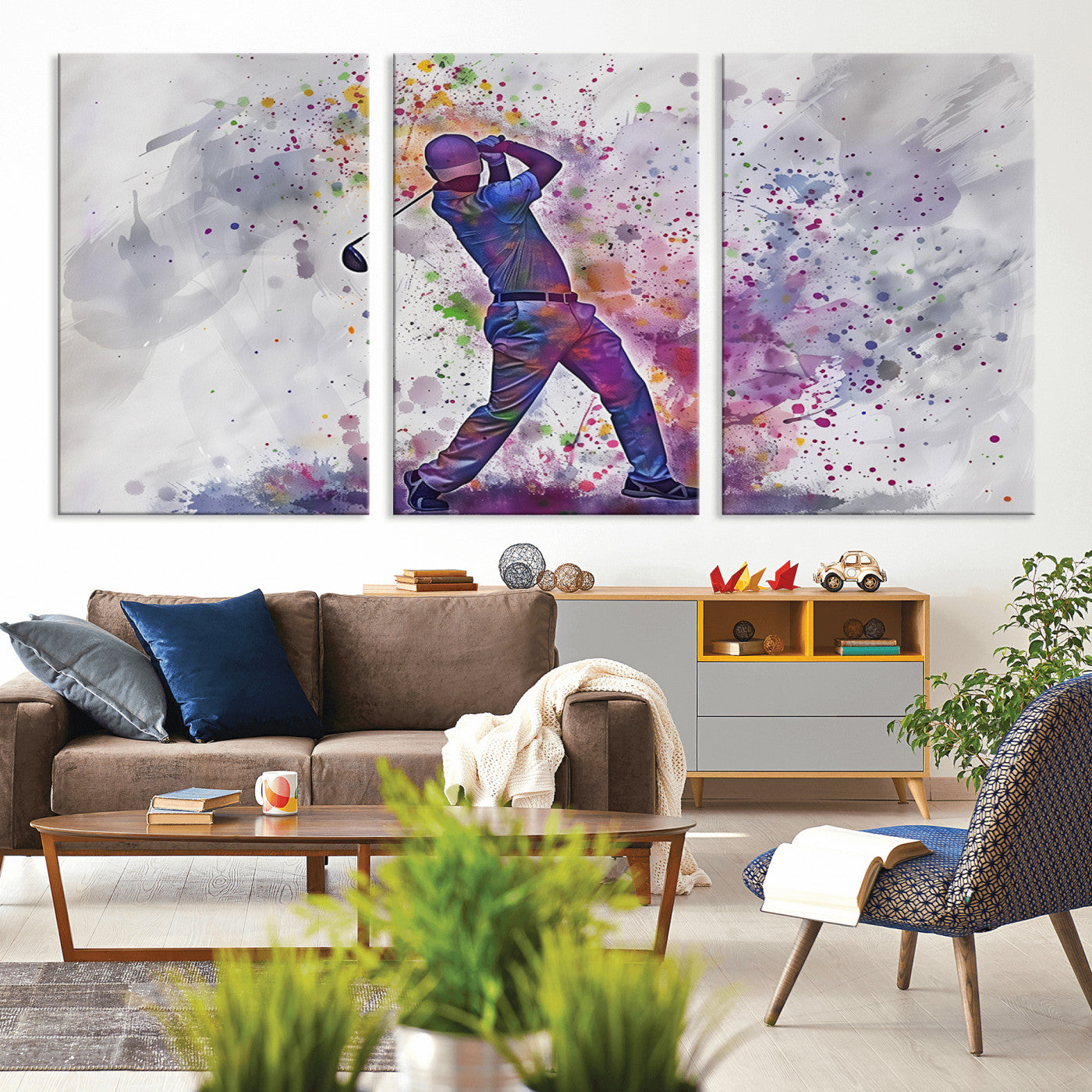 MGV-CV-60X30-3P - Watercolor Golf Swing Wall Art Canvas Print | Vibrant Abstract Golf Player Silhouette |