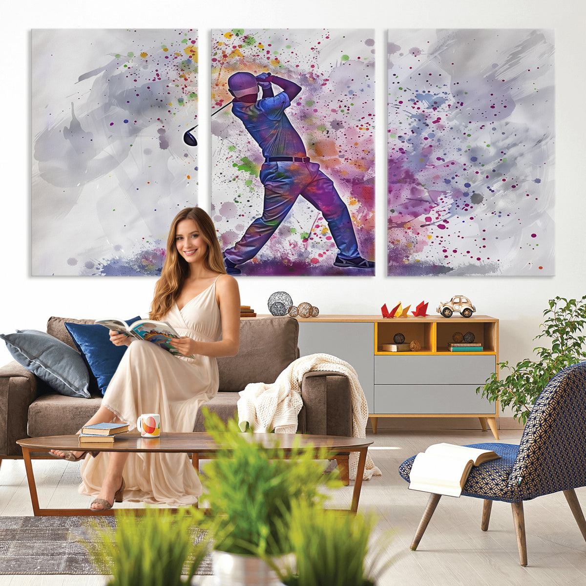 60116-MGV-CV-36X24 - Watercolor Golf Swing Wall Art Canvas Print, Vibrant, Framed and Ready to Hang
