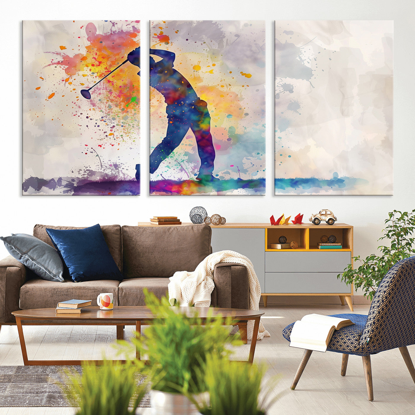 MGV-CV-60X30-3P - Watercolor Golf Swing Wall Art Canvas Print | Vibrant Abstract Golf Player Silhouette |