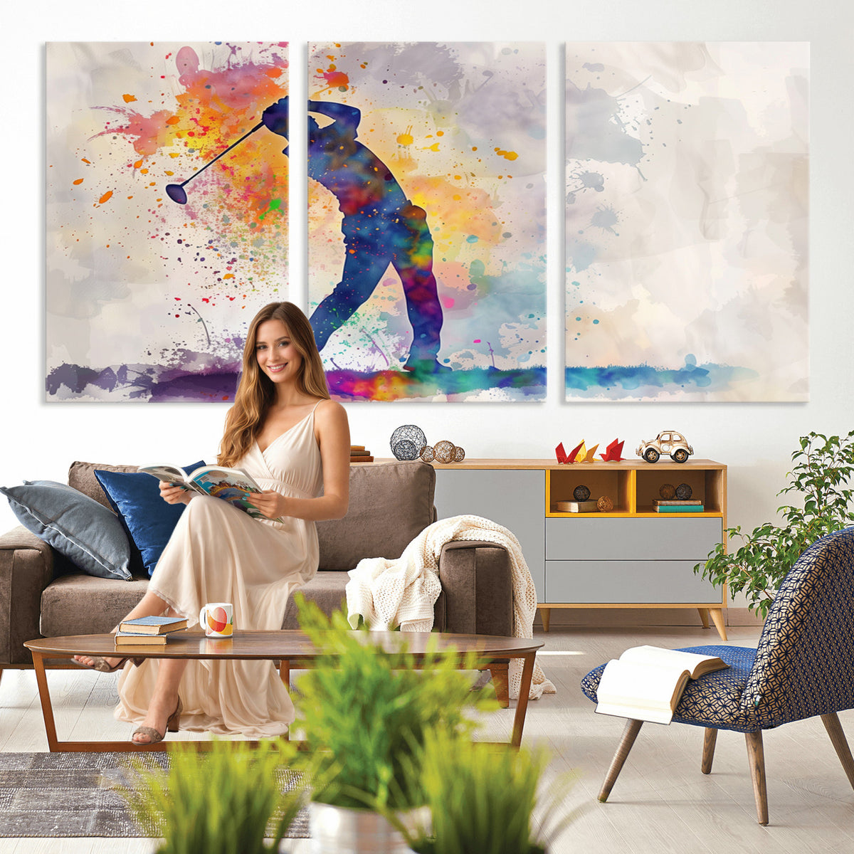 89625-MGV-CV-36X24 - Vibrant Watercolor Golf Swing Wall Art Canvas Print | Extra Large 3 Piece Canvas Wall Art
