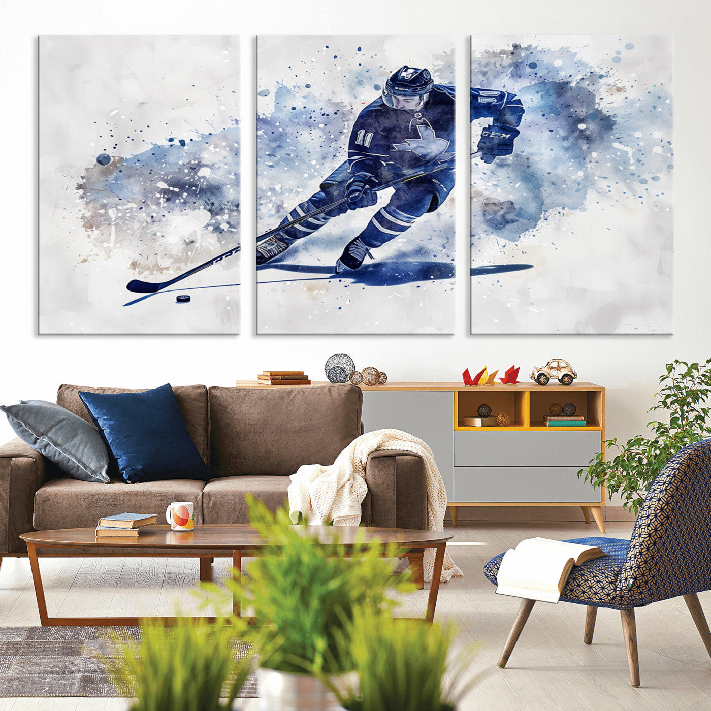 MGV-CV-60X30-3P - Hockey Player Wall Art Canvas Print - Sports-Inspired Watercolor Decor - Ready to Hang