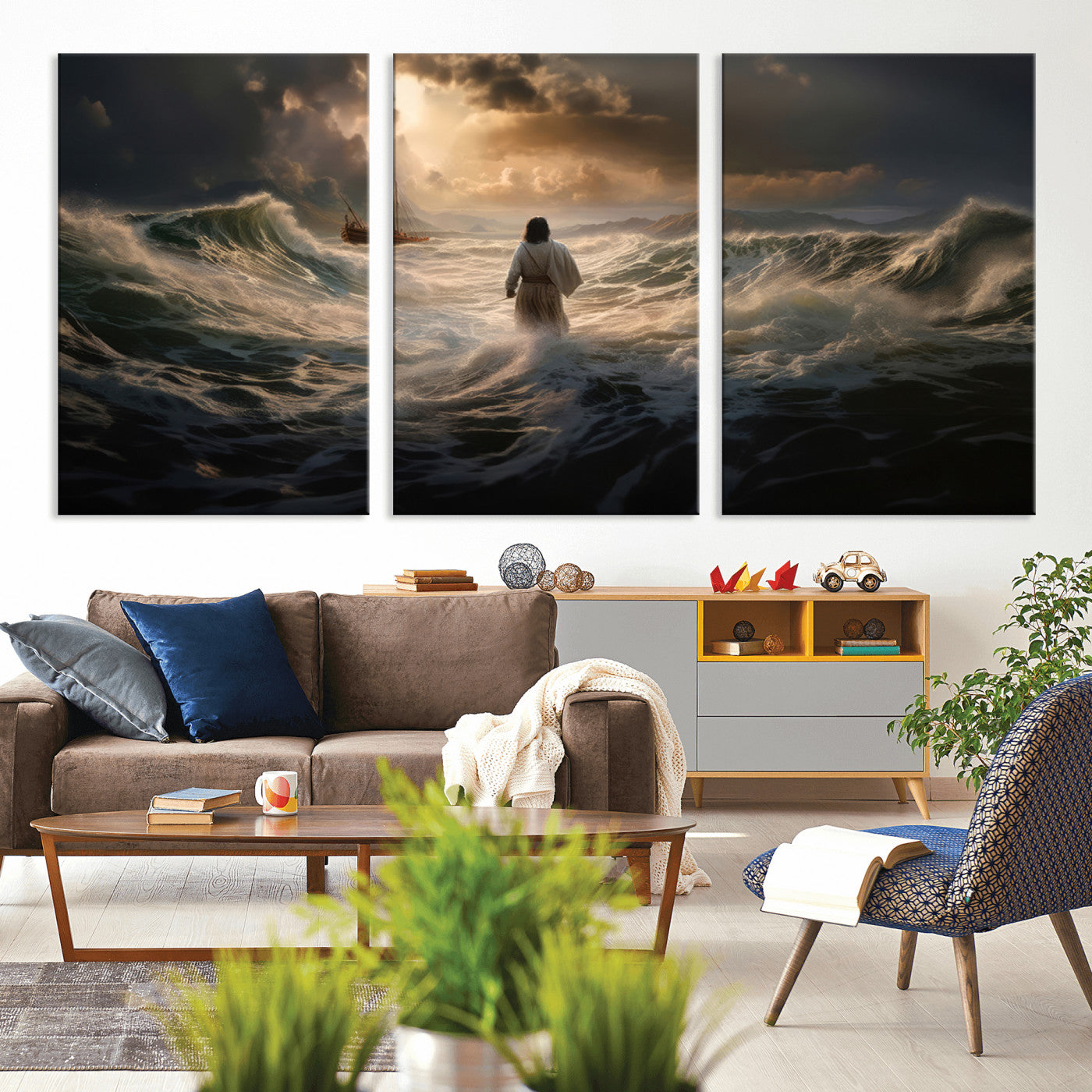 MGV-CV-60X30-3P - Jesus Walking on Water Wall Art Canvas Print - Religious Spiritual Decor - Jesus Wall Art Canvas
