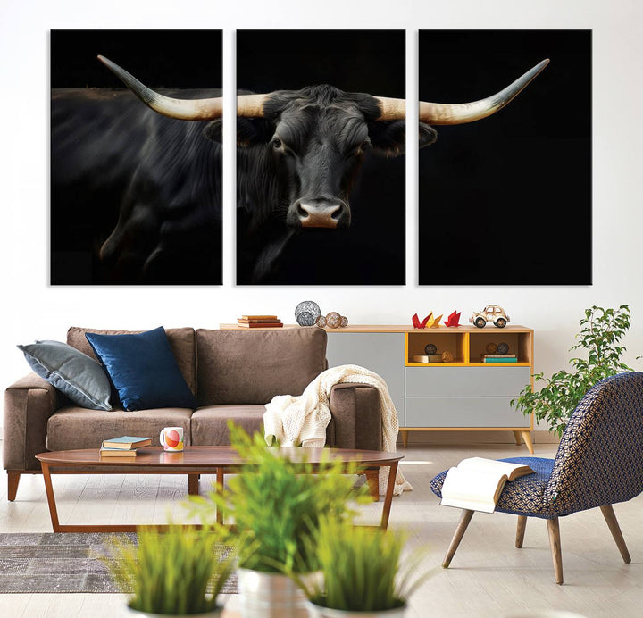 Texas Longhorn Cow | Majestic Black Bull Wall Art Canvas Print - Farmhouse Animal Decor - Ready to Hang