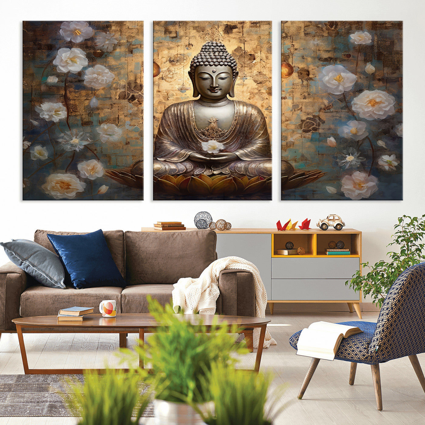 MGV-CV-60X30-3P - Golden Buddha Wall Art Canvas Print | Zen Meditation Floral Decor | Tranquil Spiritual Home Art |
