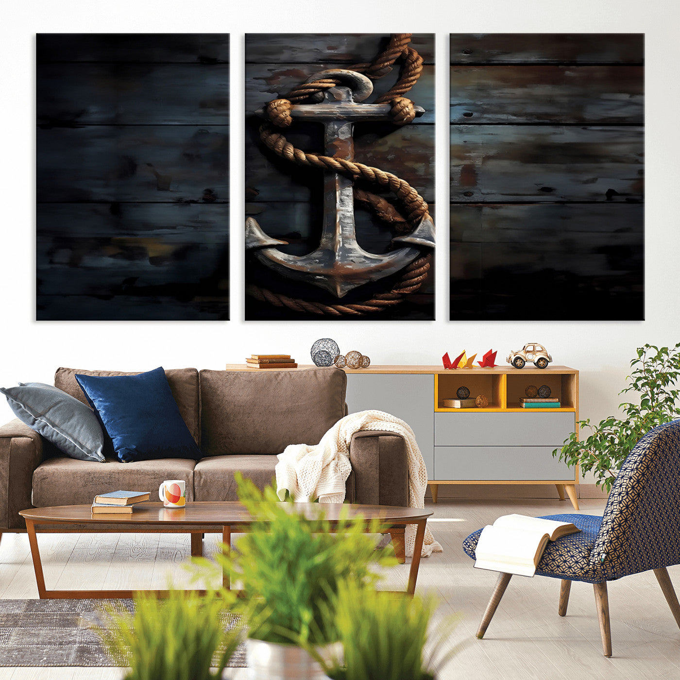 MGV-CV-60X30-3P - 3 Panel Grunge Abstract Anchor Wall Art Canvas Print Set