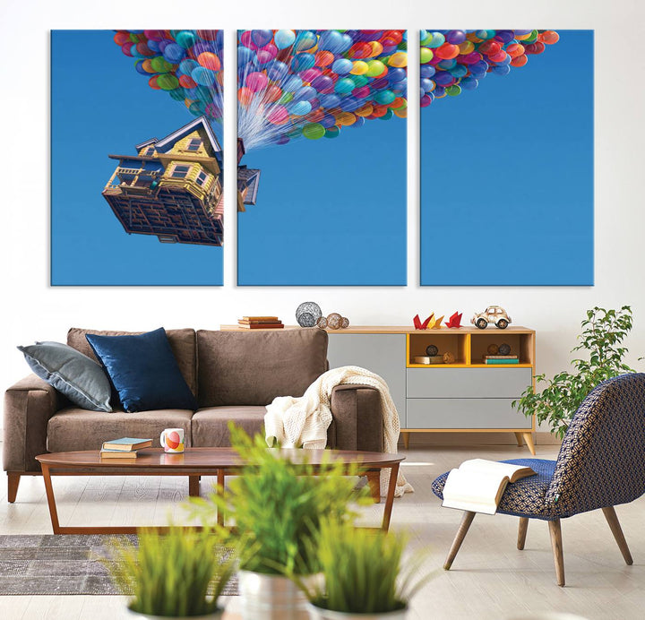 The "Carl Fredricksen, Up Movie Wall Art" features a three-panel design with a house lifted by colorful balloons, adding whimsical decor to any space.