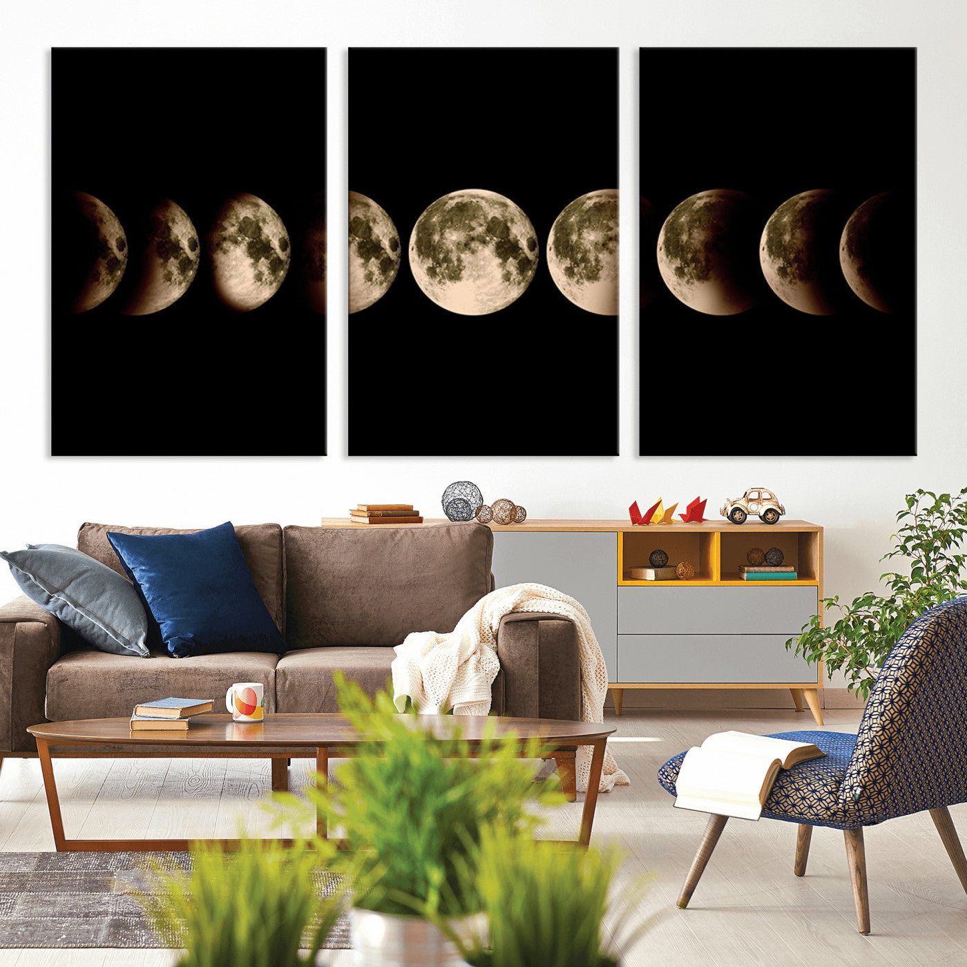 MGV-CV-60X30-3P - Phases of the Moon Wall Art | Canvas Print for Modern Wall Decor | Ready to Hang and Framed
