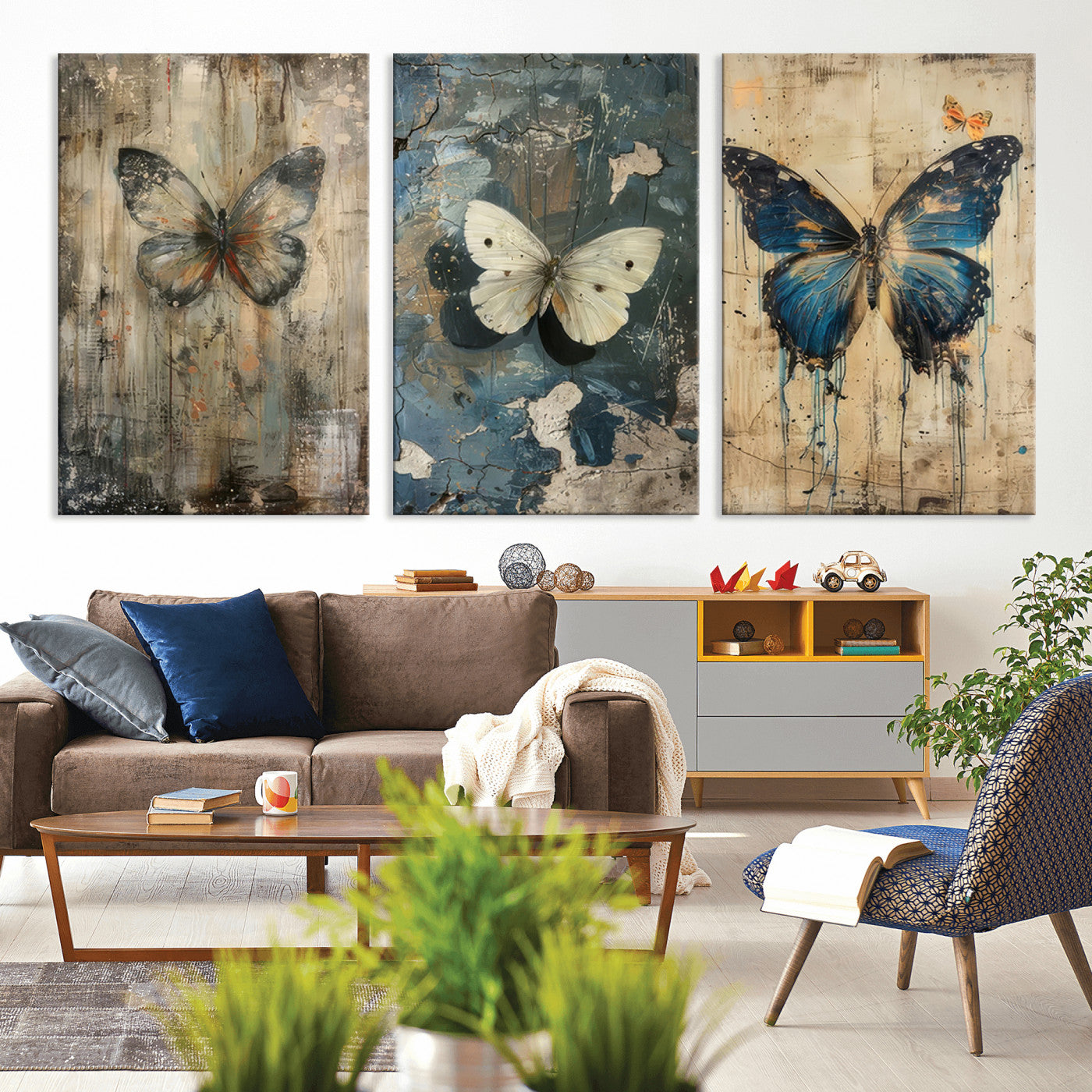 MGV-CV-60X30-3P - Butterfly Wall Art Trio | Vintage Butterfly Canvas Print | Ready to Hang Framed Artwork for