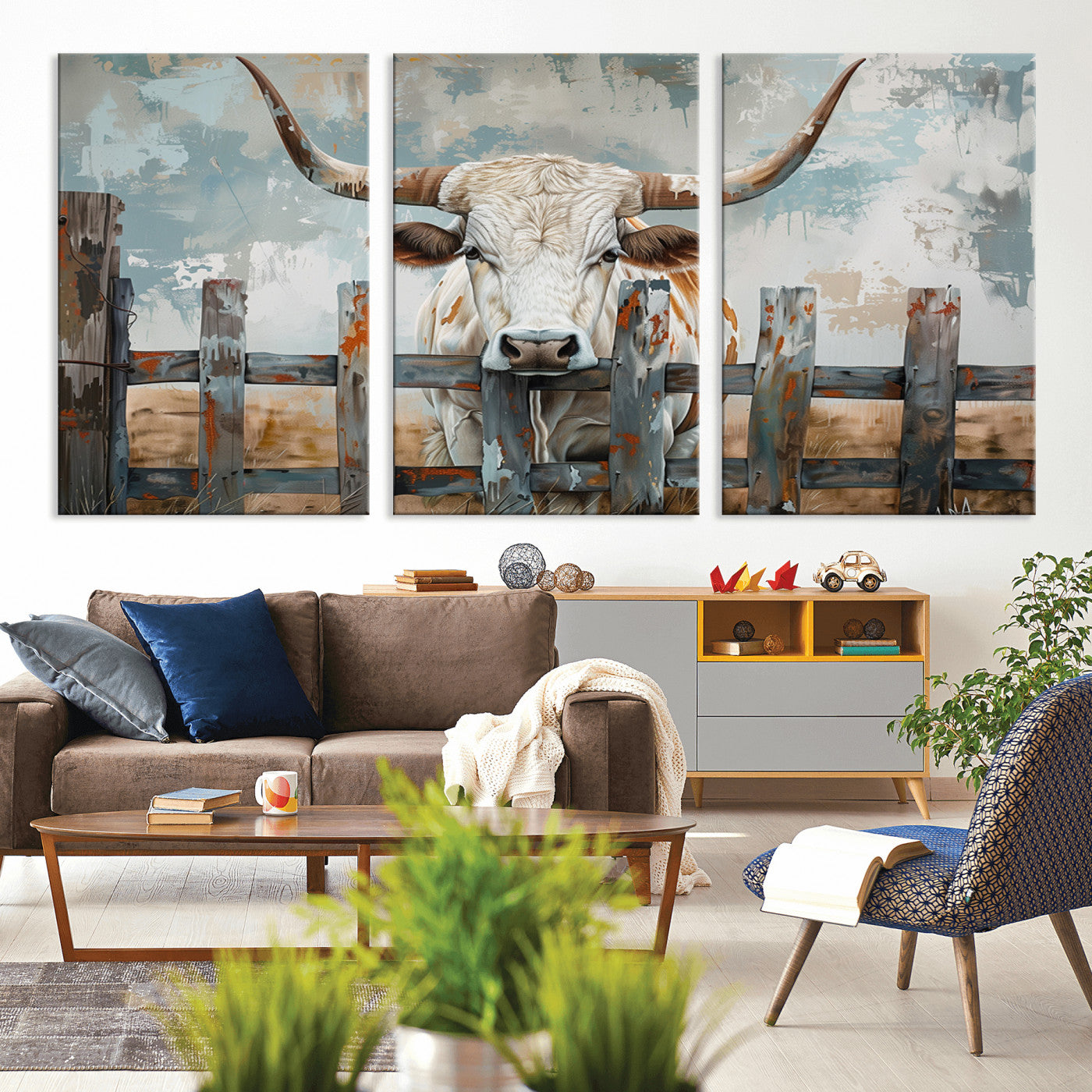 MGV-CV-60X30-3P - Vintage Cow Wall Art Canvas Print for Farmhouse Wall Decor Theme, Cattle Wall Art Print