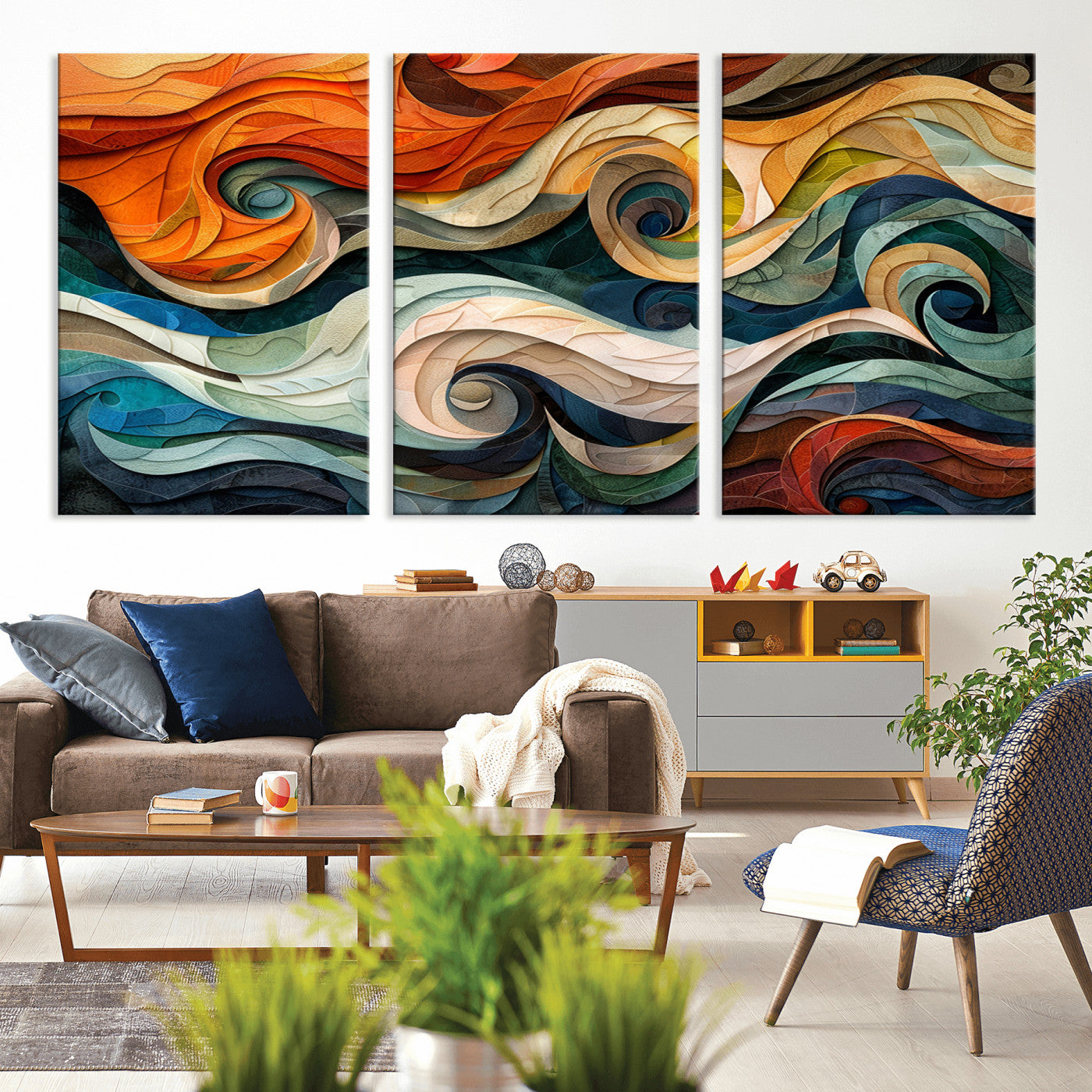 MGV-CV-60X30-3P - Abstract Wave Wall Art | Ready to Hang Framed Canvas Print | Vibrant Home Decor for Modern Spaces