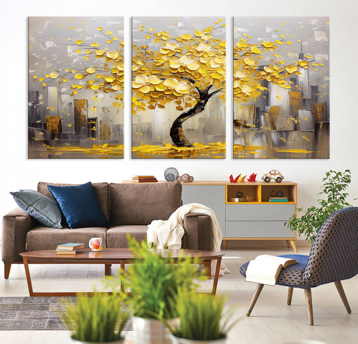 A framed canvas print from the "Golden Tree Canvas Print | Abstract Wall Art for Modern Homes | Ready to Hang Framed Artwork" collection hangs elegantly against the dark wall, epitomizing exquisite abstract wall art.