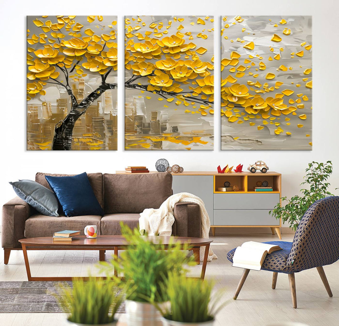 The living room showcases a Yellow Blossom Tree Canvas Wall Art, modern and floral.