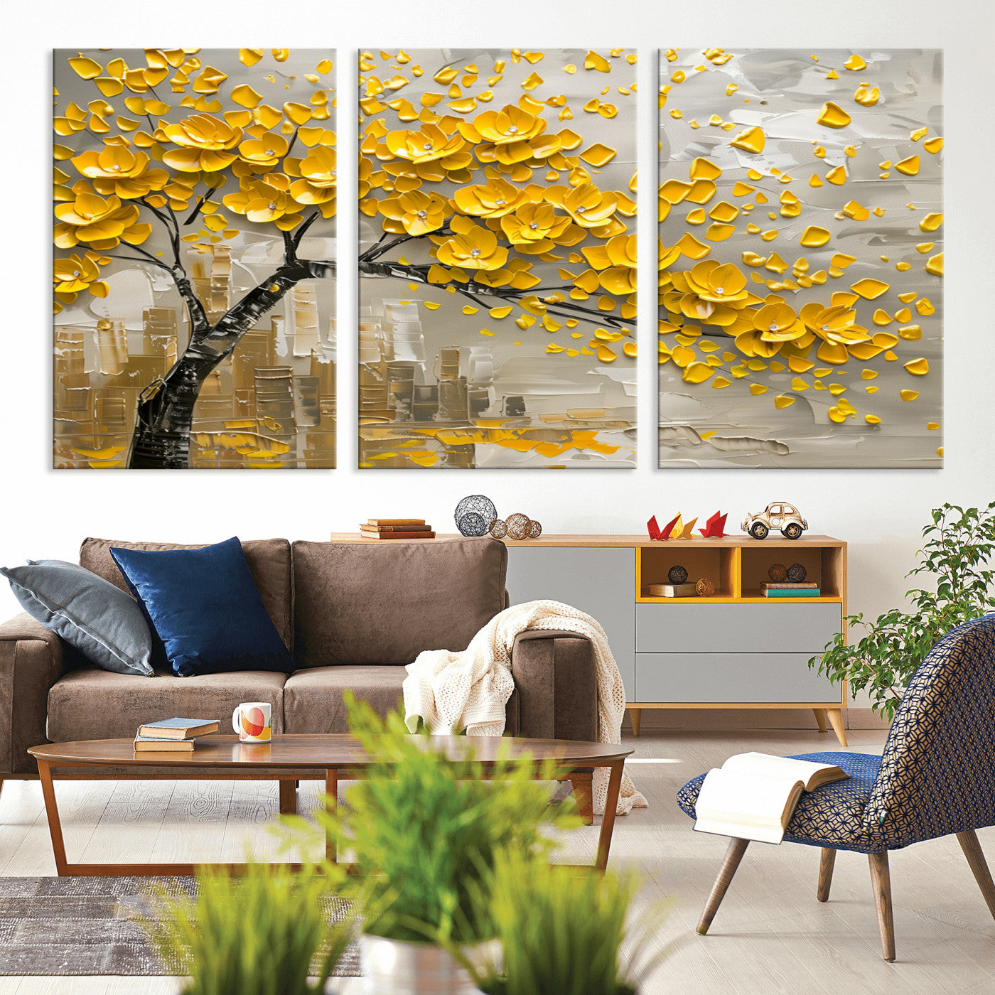 MGV-CV-60X30-3P - Yellow Blossom Tree Canvas Wall Art - Floral Abstract Modern Contemporary Artwork for Living Room or