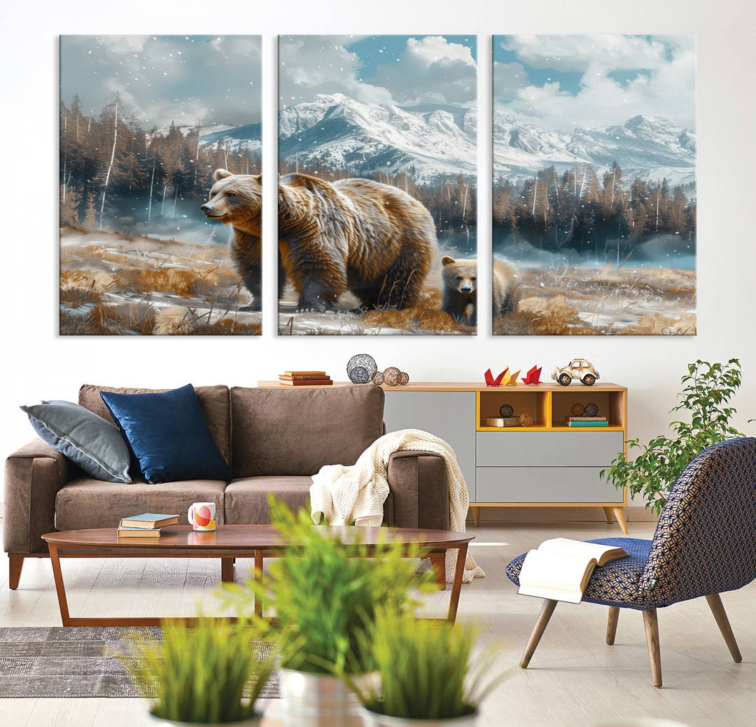 The modern living room features a Bear and Baby Bear Wall Art Canvas Print depicting a snowy mountain landscape, making it a stunning visual piece and a meaningful gift idea.