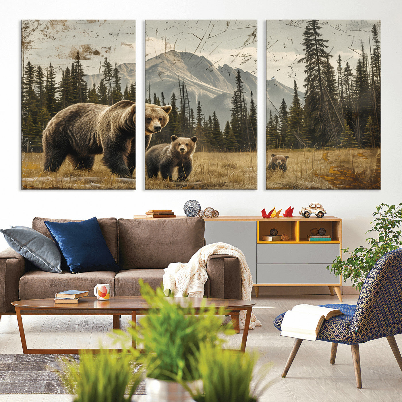 MGV-CV-60X30-3P - Rustic Grizzly 399 Bear Family Wall Art Canvas Print