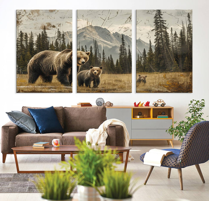 Rustic Grizzly 399: Bear Family Wall Art Canvas Print.