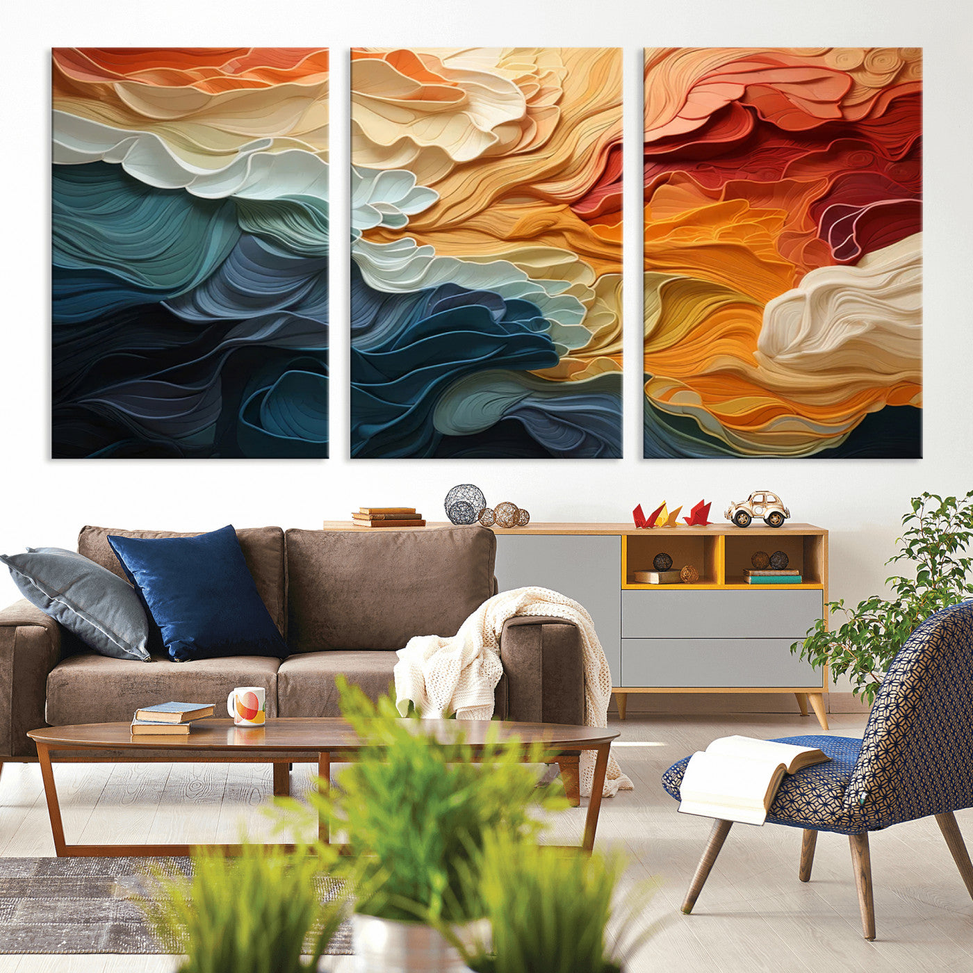 MGV-CV-60X30-3P - Blue Orange Abstract Wave Wall Art Canvas Print, Framed Blue Orange Wave Wall Art