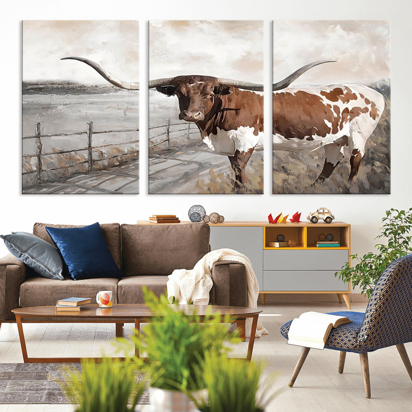 57340-MGV-CV-36X24-Vintage Texas Cow Wall Art Canvas Print, Rustic Longhorn Wall Art | Canvas Print for Farmhouse Decor
