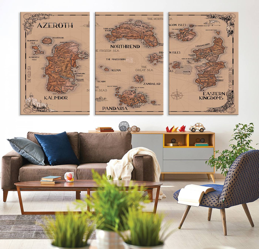 The Vintage Azeroth World Map Canvas Print, a stunning three-piece set, enhances the space with its vintage charm, perfectly complementing your gaming decor.