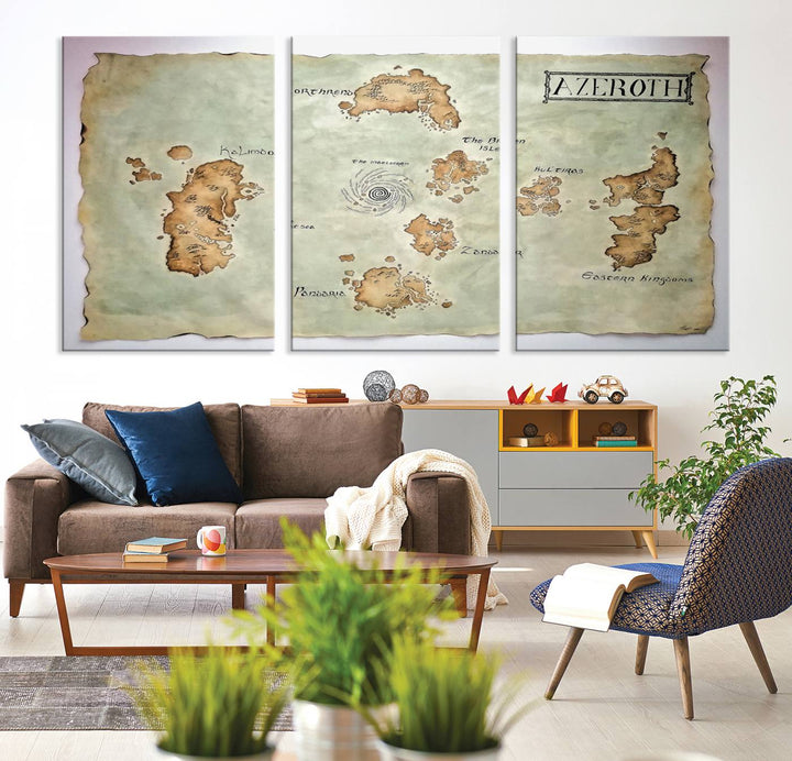 The Azeroth World Map Wall Art Canvas Print, a three-panel vintage piece, brings a cozy fantasy gaming atmosphere to the room.