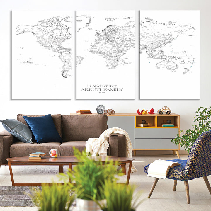 Personalized World Map Wall Art Canvas Print - Custom Push Pin Travel Map Canvas - Framed Map Print for Travel Lover Gift