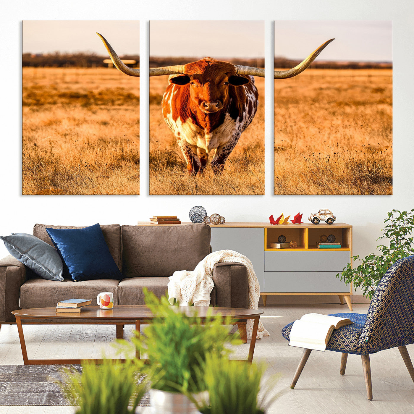 MGV-CV-60X30-3P - Longhorn Cow Wall Art | Ready to Hang Framed Canvas Print for Farmhouse and Barn Decor
