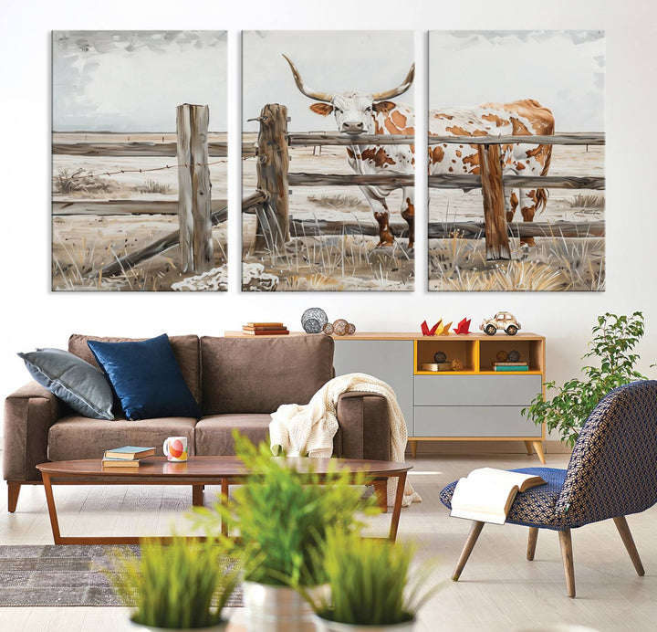 The Abstract Longhorn Cow Wall Art, a ready-to-hang framed canvas print, adds rustic charm and perfectly captures the essence of rural elegance.