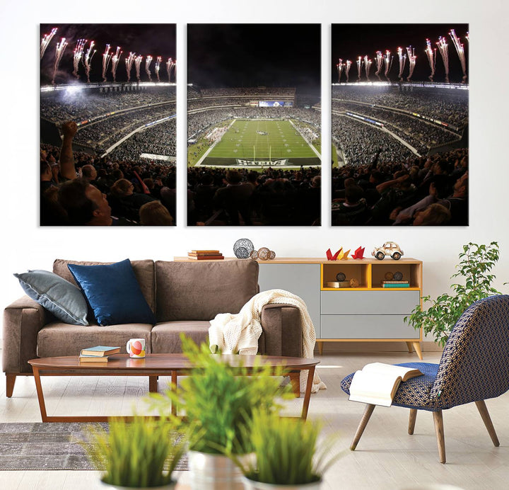 The living room features a spectacular Philadelphia Eagles Football Team Print. This wall art canvas print of Lincoln Financial Field at night captures a Philadelphia Eagles game under the dazzling brilliance of fireworks, making it an eye-catching centerpiece.