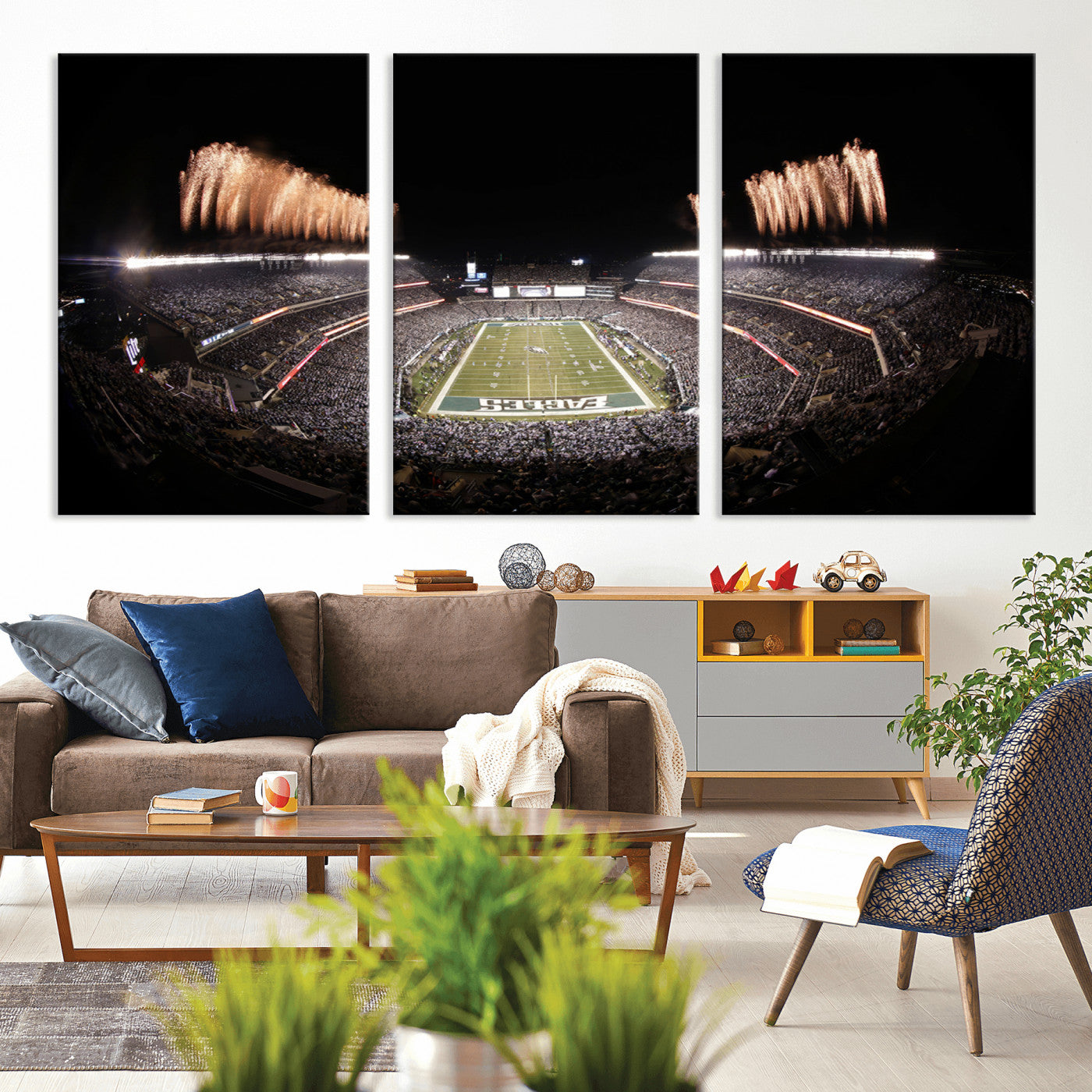 48893-MGV-CV-36X24-Eagles Field Stadium Wall Art - Lincoln Financial Field Fireworks Game Triple Canvas Wall Art -