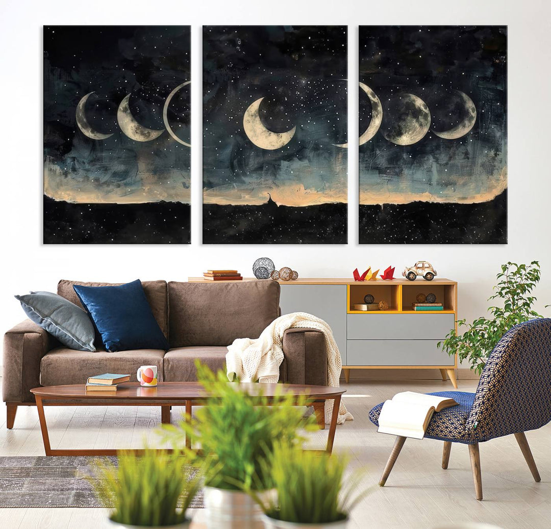 The "Phases of the Moon Wall Art," a framed canvas series capturing the celestial beauty of lunar cycles against a starry night, adds an elegant touch to the contemporary dining room.