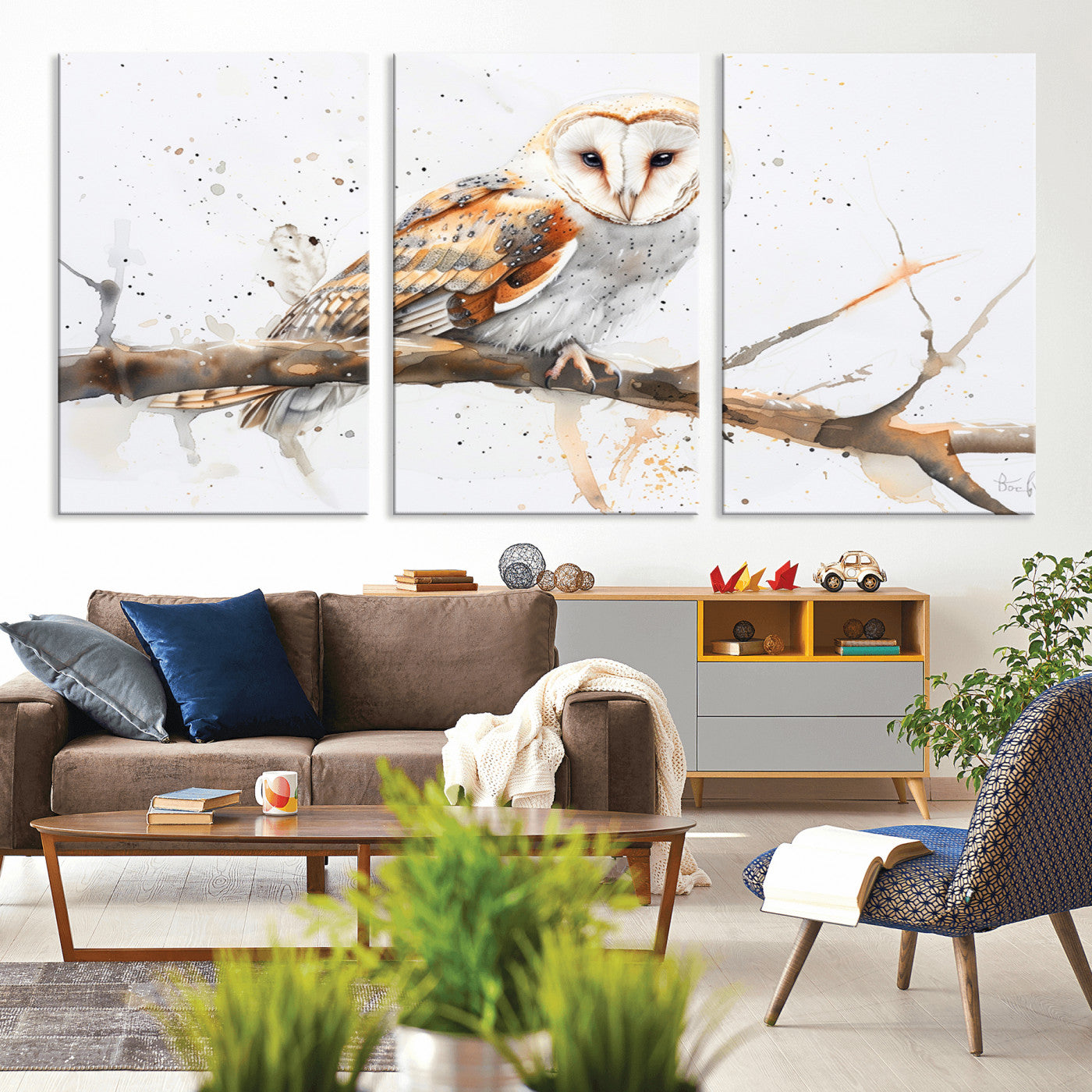 MGV-CV-60X30-3P - Barn Owl Wall Art on Branch | Stunning Canvas Print for Nature Lovers | Ready to Hang and Framed