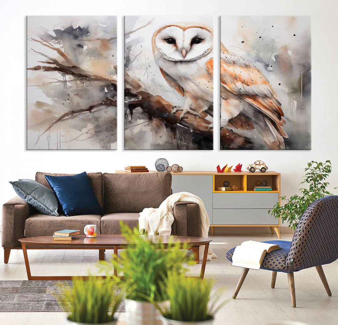 The Barn Owl Wall Art, a watercolor canvas print, elegantly adorns the wall in a modern living room, seamlessly merging farmhouse wall decor with contemporary style.