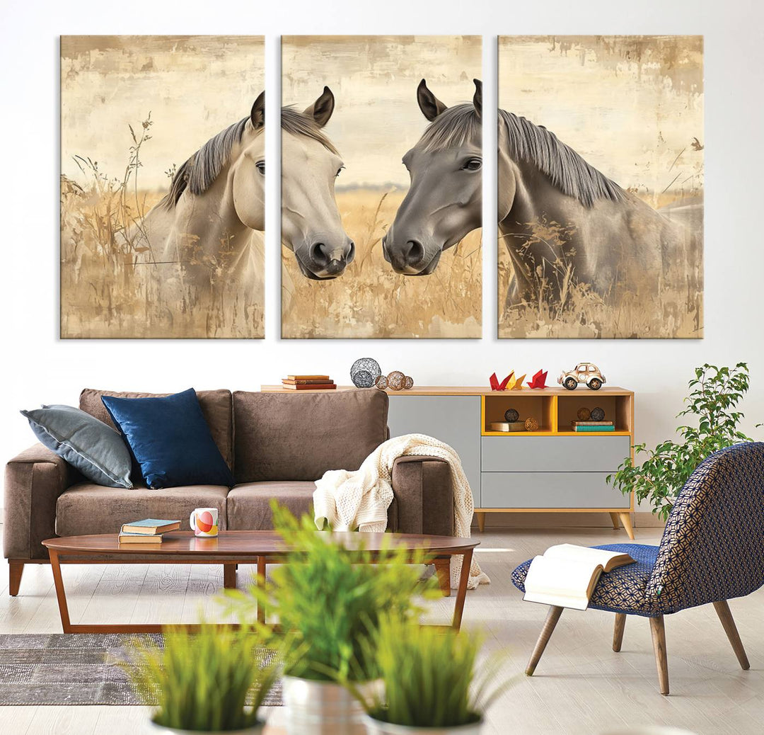 The "Chinese Ink Style Grunge Horses Wall Art Canvas Print," featuring two horses in a field, hangs prominently, highlighting its museum-quality canvas and high-resolution printing.