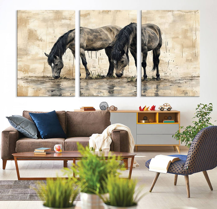 Chines Ink Style Black Horses Wall Art Canvas Print features a triptych painting of two horses drinking at the water's edge.